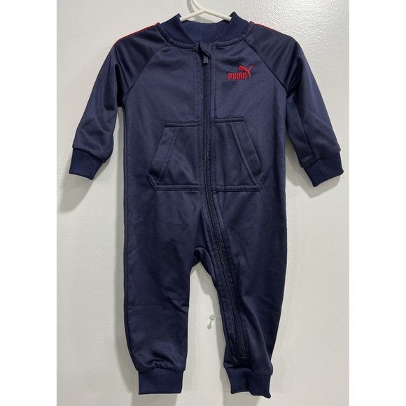 2/$15 ⭐️ Puma Baby Boy 6-9 M One-Piece Track Suit Romper Full Zip Satin Blue Red - Picture 1 of 3